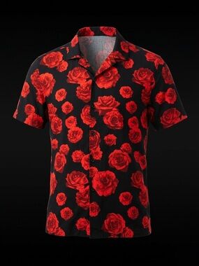 Men's Bold Red Rose Print Short Sleeve Button-Up Shirt - Casual Tropical Style.